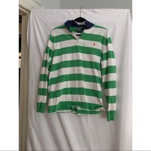Green & White Stripped Long Sleeve Polo Shirt